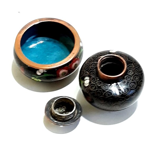 Chinese Cloisonne Open Salt & Pepper Vintage Enamel Brass Floral Black Rose Blue - Picture 7 of 8